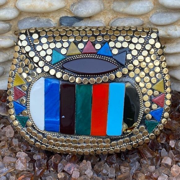 NWOT Ramla Multicolored Crossbody/Clutch Bag w/Mosaic Stones Handmade in Moracco - Picture 3 of 8